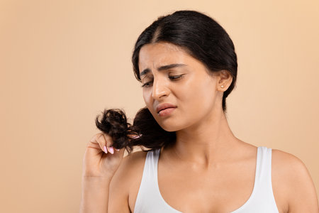Split Ends. Upset indian woman looking at her damaged hairの写真素材