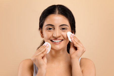 Portrait of happy young indian woman using cotton pads on her faceの写真素材