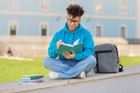 Cheerful young brazilian student guy taking notes learning outside