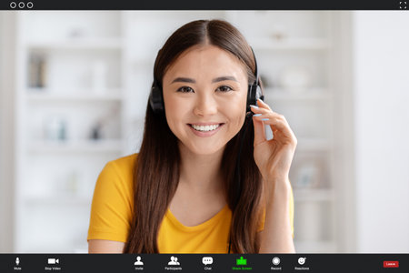 Asian woman wearing headset engaging in video call, collage with user interfaceの写真素材