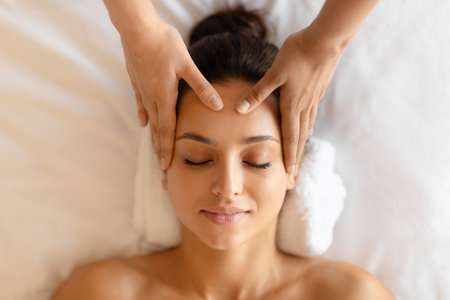 Closeup of young woman receiving relaxing head massage indoorの写真素材