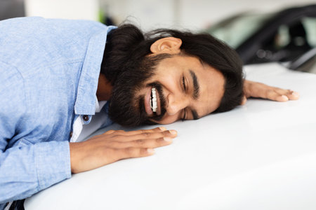 Man lovingly embracing a new car in showroomの写真素材