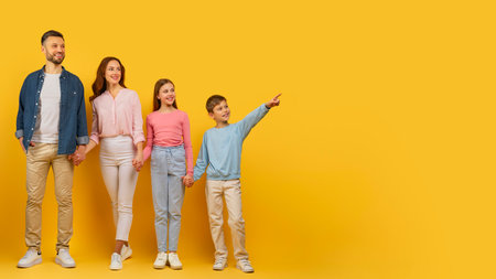 Family pointing and looking to the side