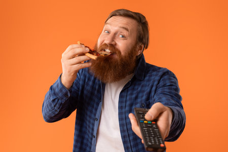 Excited redhaired bearded man enjoys pizza watching TV, orange backgroundの写真素材