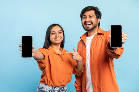 Two happy individuals with smartphones on blueの写真素材