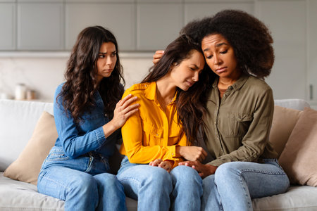 Three friends console a sad woman on a couch