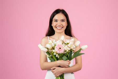 Close-up of woman embracing floral bouquet on pink backgroundの写真素材