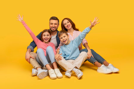 Family spreading arms wide with joy on yellowの写真素材