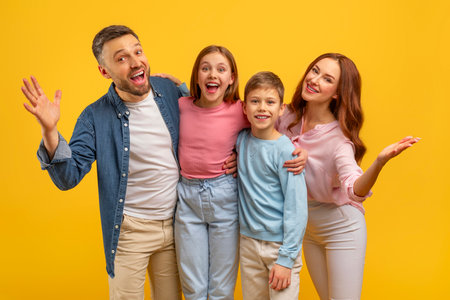 Family with exaggerated reactions on yellow backgroundの写真素材