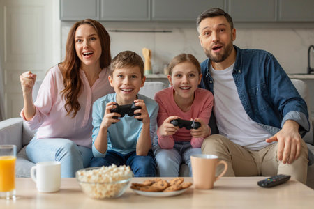 Family engaged in an intense video game session
