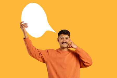 Man with thought bubble making phone gesture