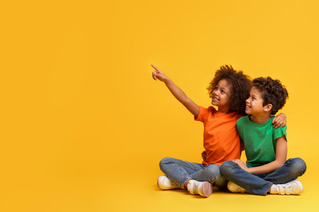 Siblings sitting and looking at a distanceの写真素材