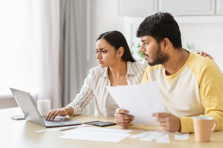 Serious Indian couple discussing finances online, kitchen interiorの写真素材