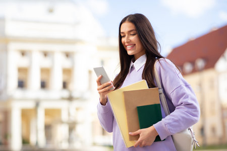 Smiling student with phone and books outdoorsの写真素材