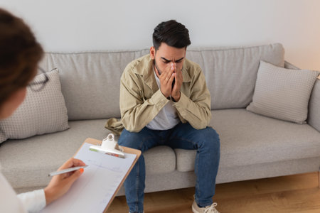 Upset man hiding face during therapy, feeling downの写真素材