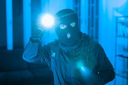 Burglar with flashlight in a dark roomの写真素材