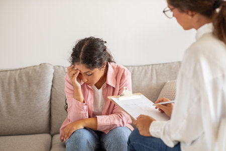 Concerned Young Woman Consults With Professional Therapist in Office Settingの写真素材