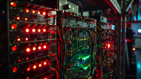 Rack of Computer Equipment With Red and Green Lightsの素材