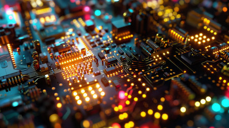 Intricate Circuit Board Close-Up With Illuminated Connectionsの素材