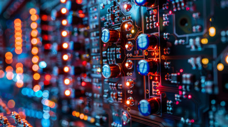 Close-Up View of Circuit Board Electronics at Nightの素材