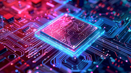 Close-Up of Illuminated Circuit Board at Nightの素材