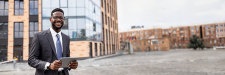 Happy black businessman using digital tablet walking outdoorsの写真素材