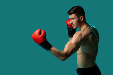 Male Boxer Preparing for Punch on Isolated Studio Backgroundの写真素材