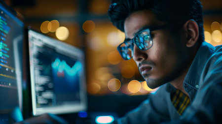 Young Man Coding on Computer at Nightの素材