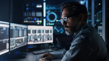 Man Monitoring Data on Multiple Computer Screens at Nightの素材