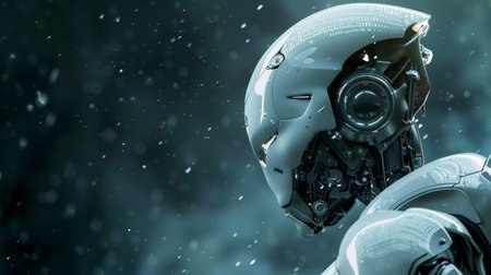 Close-Up of Futuristic Robot Head in Snowfallの素材