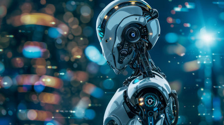 Futuristic Robot Head Against a Blurred Lights Backgroundの素材