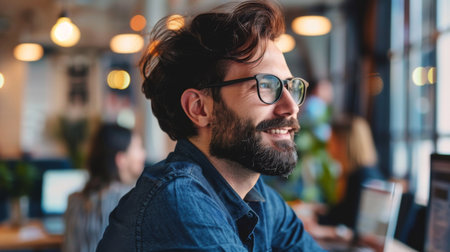 Man With Beard and Glasses Working on Computerの素材