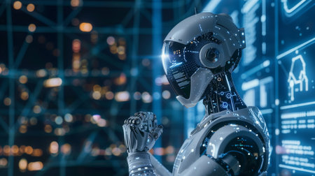 Futuristic Robot Engaging With Holographic Interface at Nightの素材