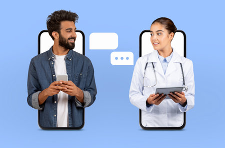 Man Using Smartphone, Woman Doctor Holding Tablet in Virtual Consultationの写真素材
