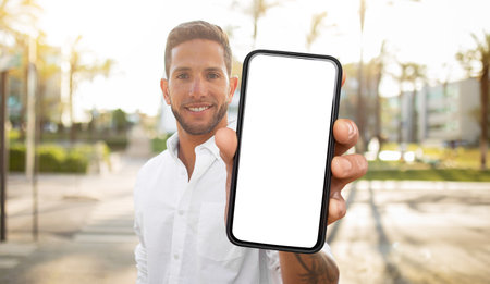 Cheerful Man Holding Smartphone With Blank Screen Outdoors