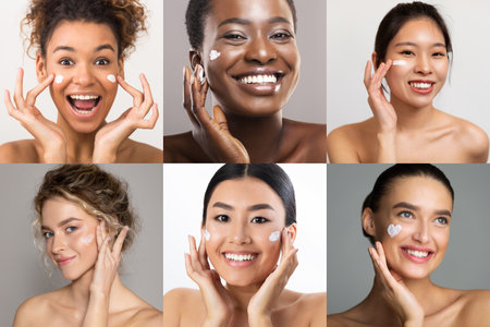 Diverse Women Applying Face Cream In Collageの写真素材