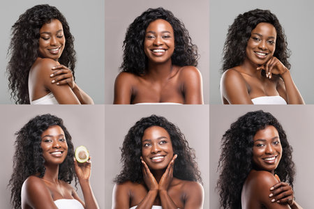 Beautiful Woman With Black Curly Hair Posing Against Neutral Backgroundの写真素材