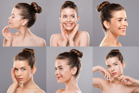 Six Poses Of A Young Woman With A Bun Hairstyleの写真素材