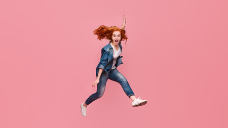 Smiling young redhead woman jumping in airの写真素材