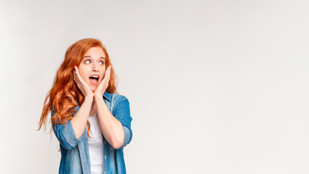 Woman With a Surprised Expression Looking at Free Spaceの写真素材