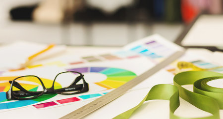 Designers Workspace With Color Swatches, Glasses, Measuring Tools in Focus