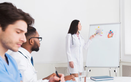 Cardiologist telling theory to interns using whiteboardの写真素材