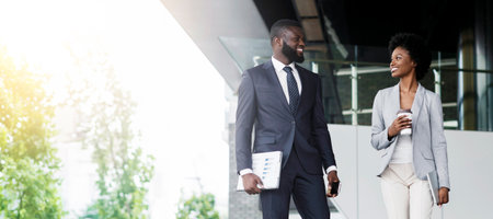 Businessman and businesswoman discussing work while walking outdoors