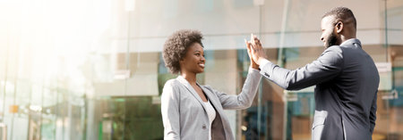 Good job partner. Businessman giving high five to his collegueの写真素材