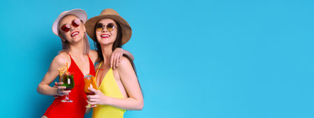 Two Women In Swimsuits Smile With Cocktails On Blue