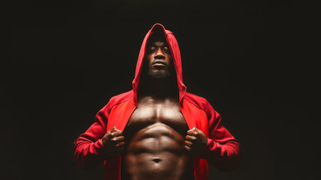 Confident african bodybuilder in red hooded shirt with bare chestの写真素材
