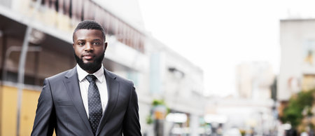 Serious millennial employee posing to camera against cityscapeの写真素材