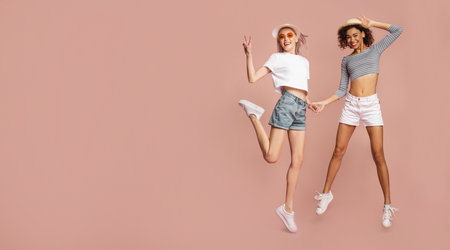 Two Women Jump in the Air Against a Pink Background