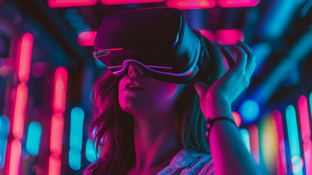 Woman Experiencing Virtual Reality in Neon-lit Roomの素材