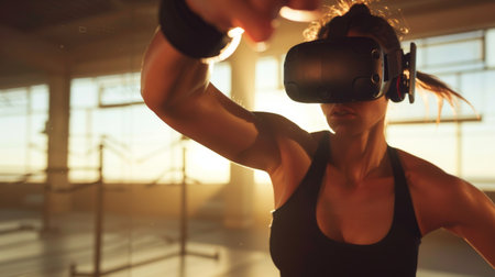 Woman Exercising With Virtual Reality Headset at Sunsetの素材
